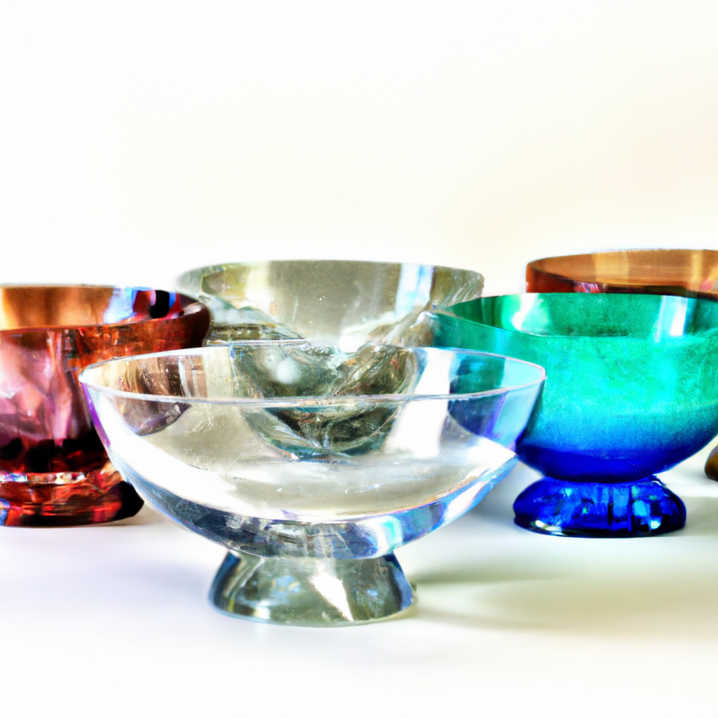 Assortment of crystal singing bowls with various colors and sizes